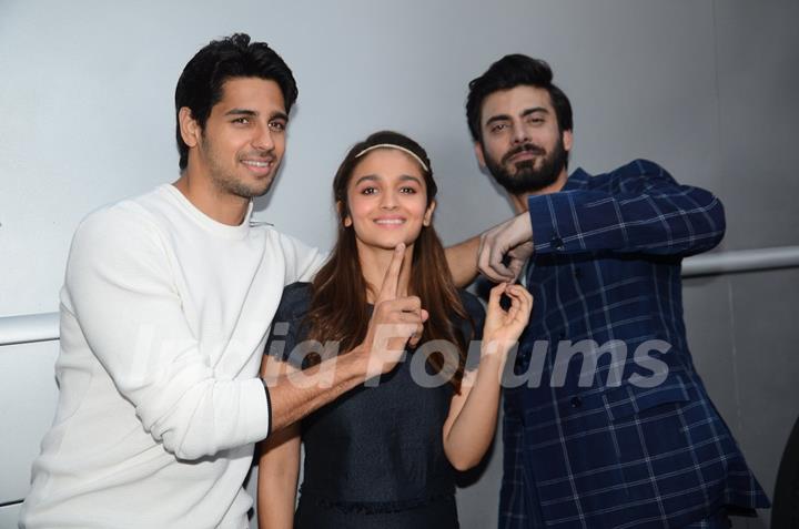 Sidharth Malhotra with Alia Bhatt and Fawad Khan for Kapoor & Sons Promotion at Mehboob Studio