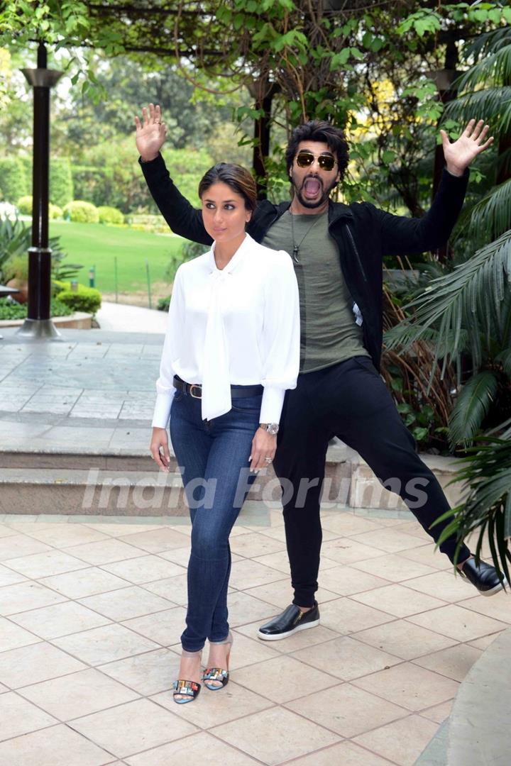 Striking a funny pose at the Press Meet of Ki and Ka with actors Kareena Kapoor and Arjun Kapoor