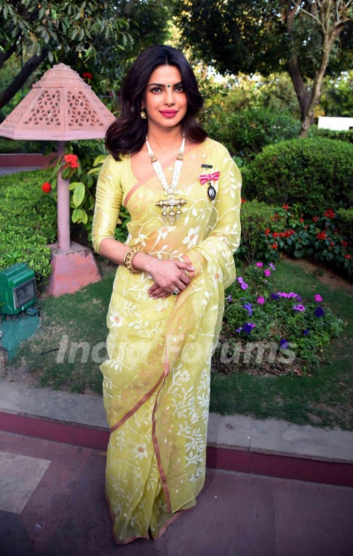 Priyanka Chopra Stuns with her Looks in Yellow Saree at Press Meet for Receiving Padma Bhushan