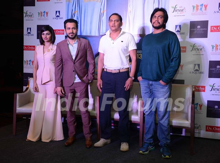 Emraan Hashmi, Prachi Desai and Cricketer Mohammad Azharuddin at Press Meet of Azhar in Delhi