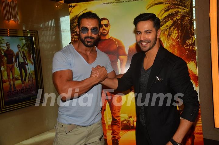 Buddy bonding! John Abraham and Varun Dhawan at Trailer Launch of 'DISHOOM'