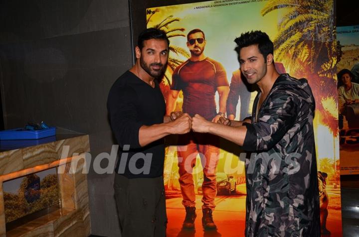 Varun and John at the promotion of 'Dishoom'