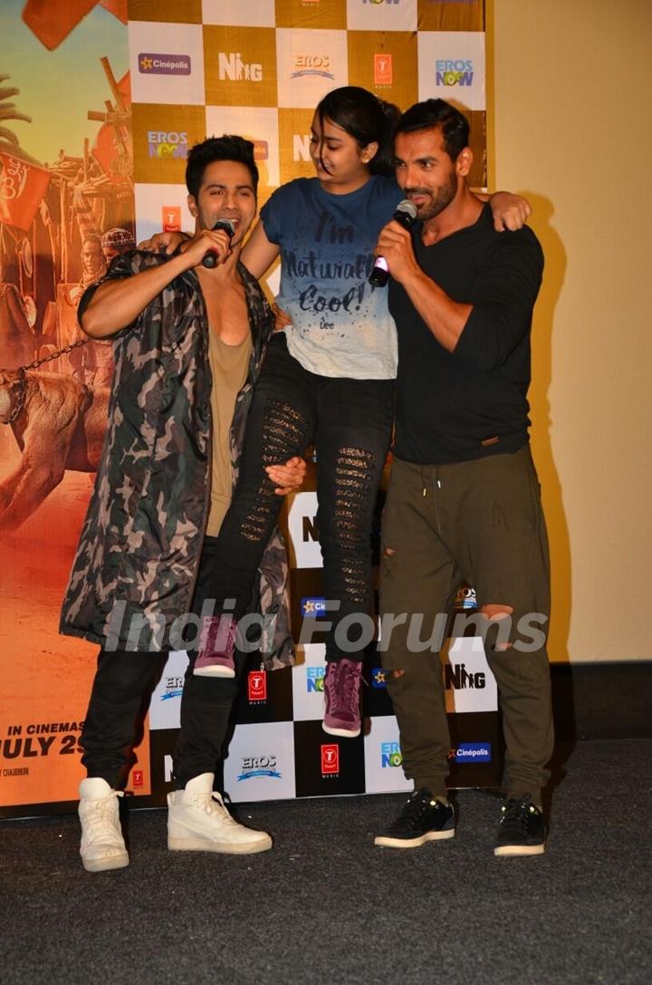 Varun and John at the promotion of 'Dishoom'