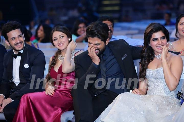 Akhil Akkineni, Allu Arjun and Sayesha Saigal at SIIMA Awards 2016