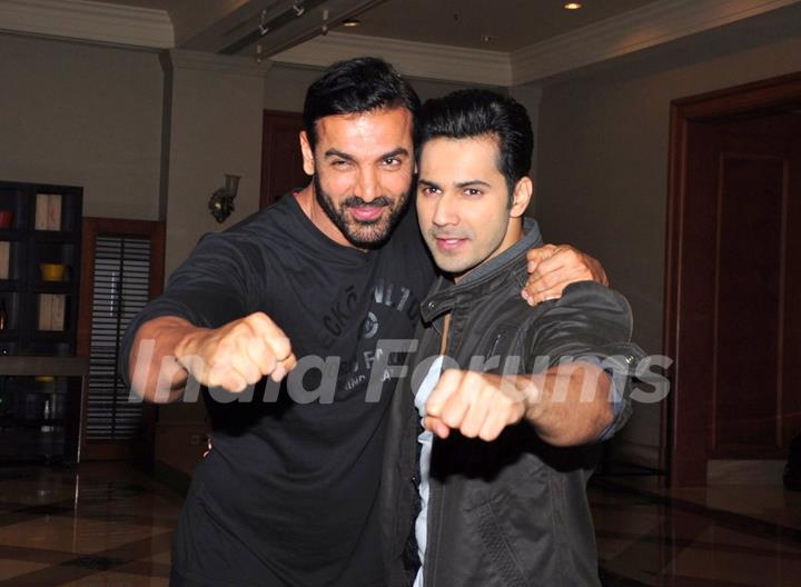 John Abraham and Varun Dhawan posing  at Press Meet of 'Dishoom'