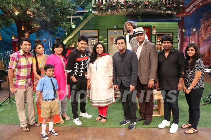 A R Rahman posing with Kapil Sharma and team on the sets of The Kapil Sharma Show
