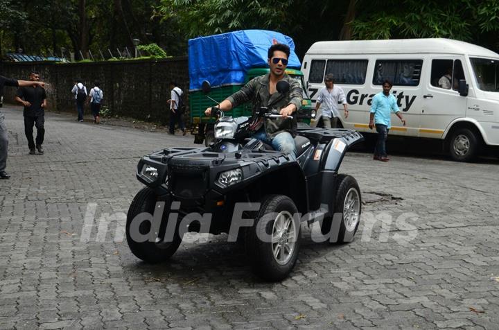 Dishoom entry by Varun Dhawan on Quad bike at Launch of Song 'Jaaneman Aah' from Dishoom