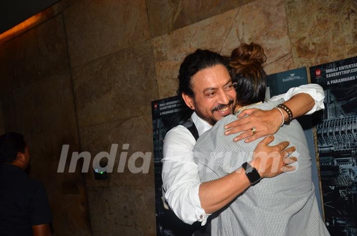 Deepika Padukone hugs Irrfan Khan at the special screening of 'Madaari'