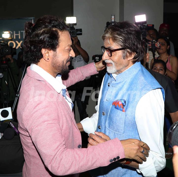 Megastar Amitabh Bachchan greets Irrfan Khan at the special screening of 'Madaari'