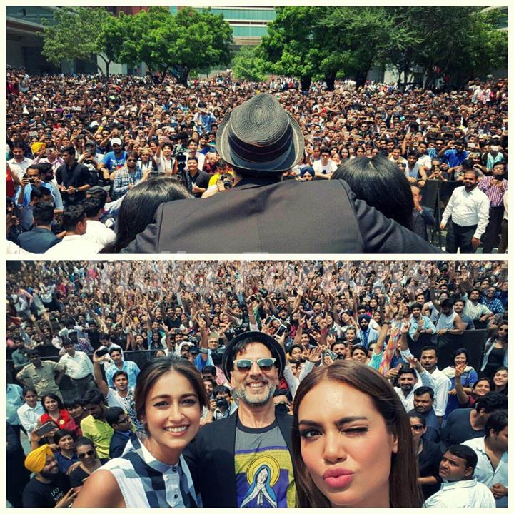 Akshay Kumar, Ileana D'cruz and Esha Gupta promote Rustom at a college in Delhi