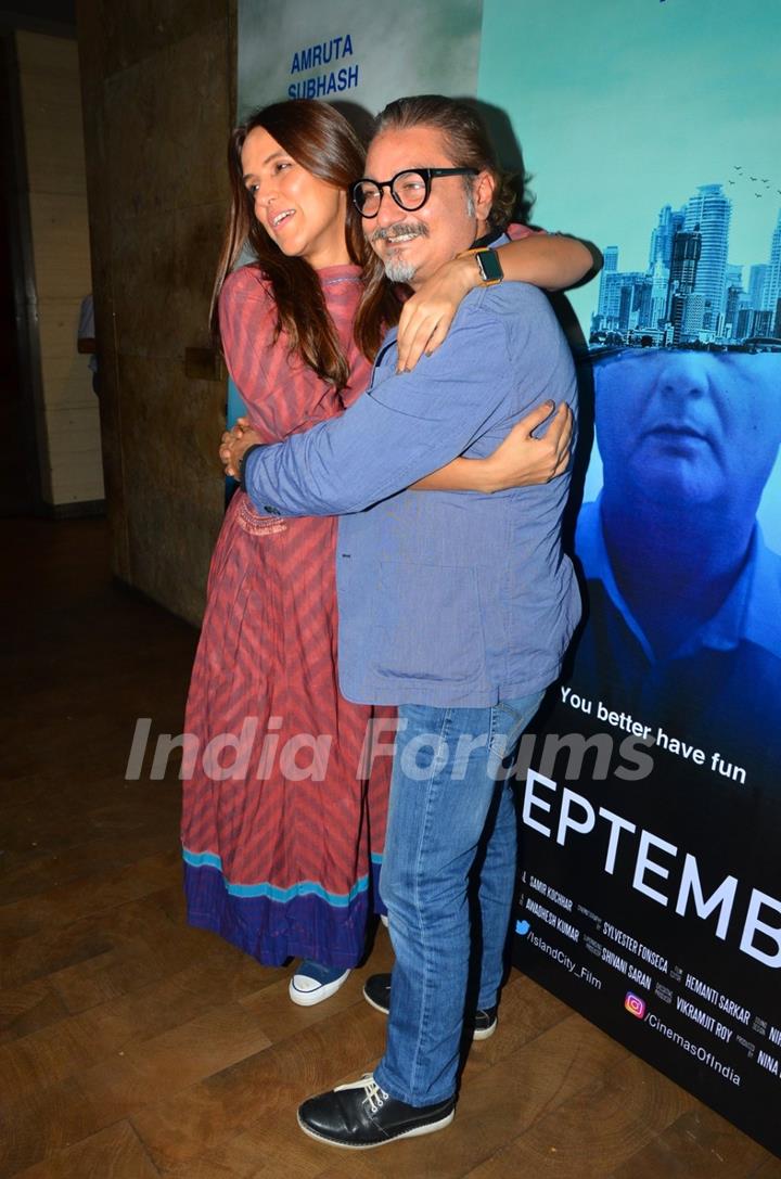 Neha Dhupia hugs Vinay Pathak at Special screening of the Film 'Island City'