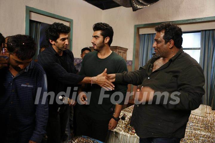 Arjun Kapoor and Aditya Roy Kapur at Ranbir Kapoor's birthday celebration on sets of Jagaa Jasoos