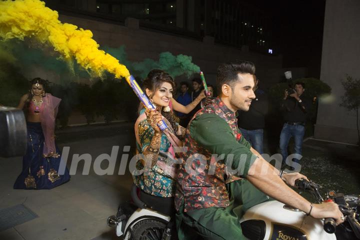 Actor Abhishek Bajaj makes a dashing bike entry during his sangeet ceremony