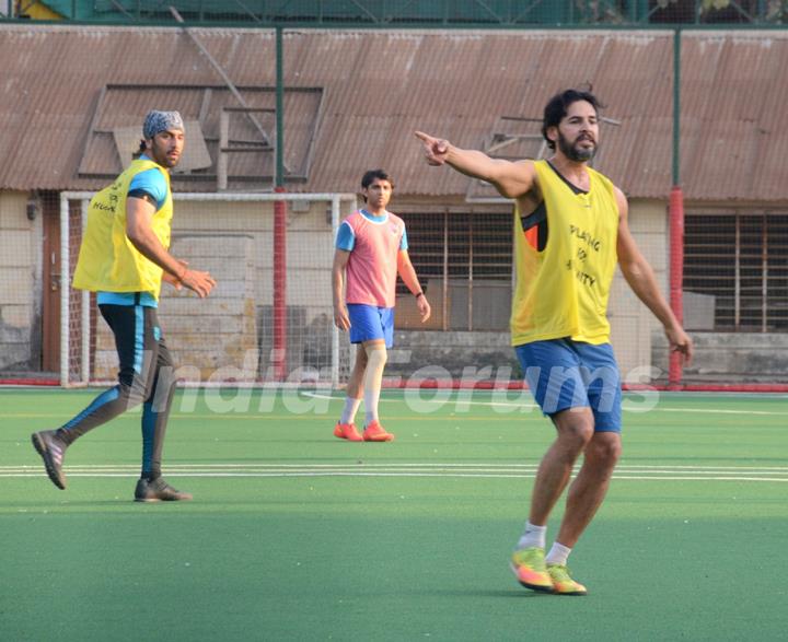 Ranbir, Dino and Jim indulge in a game of Football