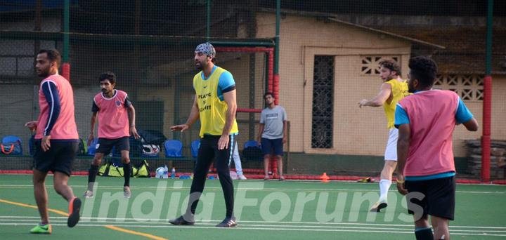 Ranbir, Dino and Jim indulge in a game of Football