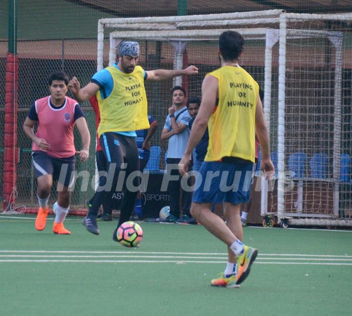 Ranbir, Dino and Jim indulge in a game of Football