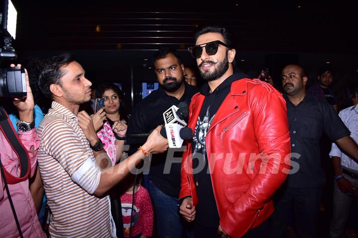 Ranveer Singh snapped giving an interview during screenings of Simmba at Gaiety Theatre, Bandra