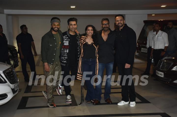 Ranveer Singh, Karan Johar, Kajol, Rohit Shetty and Ajay Devgn at Simmba success bash