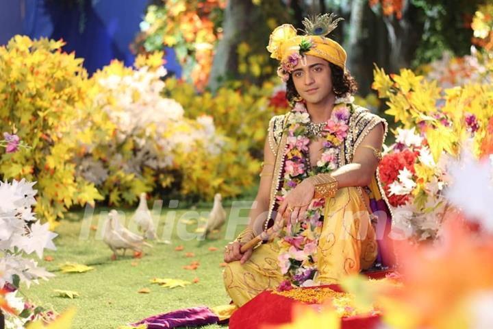 Krishna sitting on a garden still from RadhaKrishn