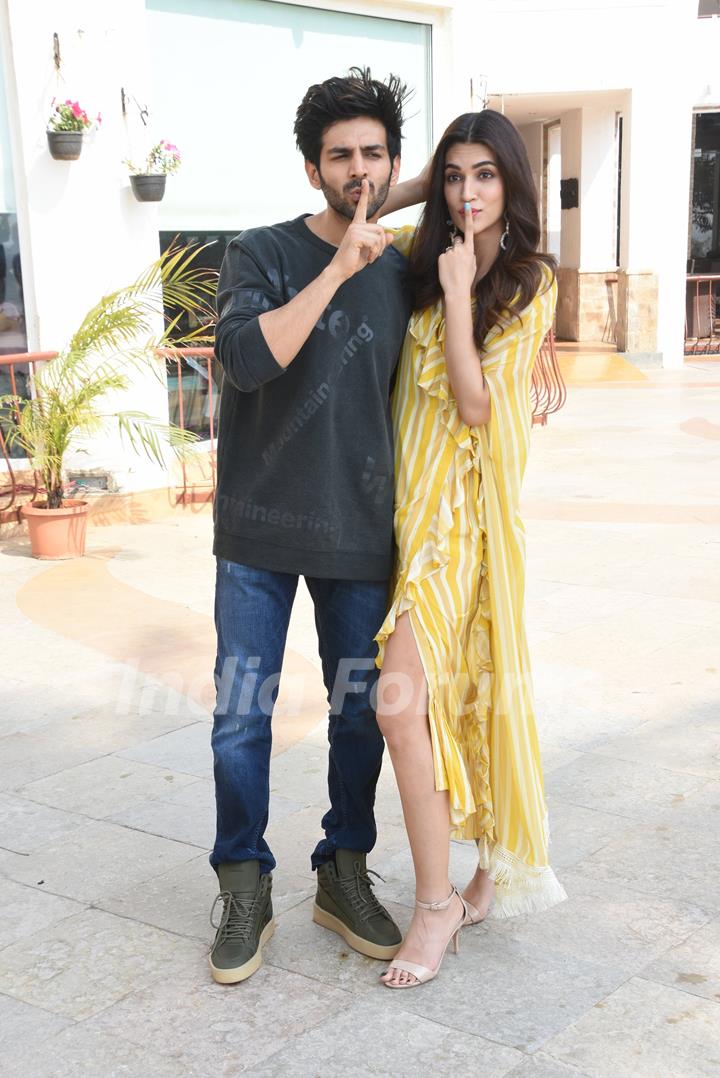 Kartik and Kriti spotted during Luka Chuppi promotions