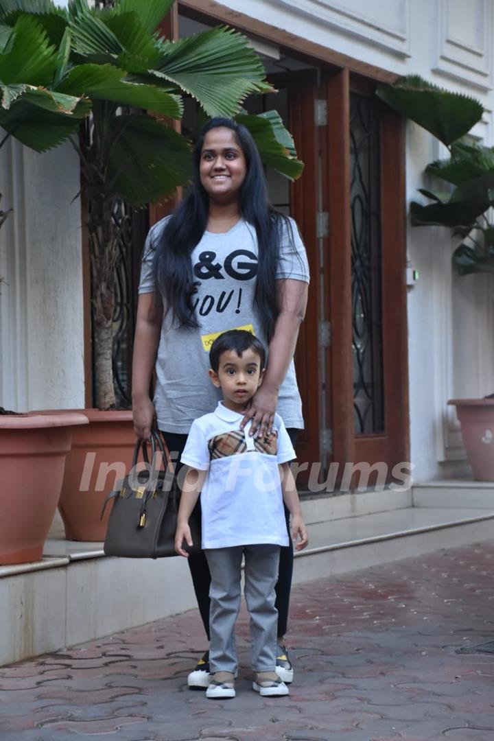 Arpita Khan Sharma with son Ahil snapped at Viaan’s birthday party.