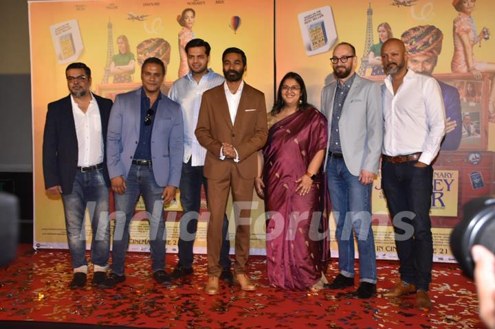 Dhanush and Ken Scott with rest of the team members at the trailer launch of The Extraordinary Journey of the Fakir
