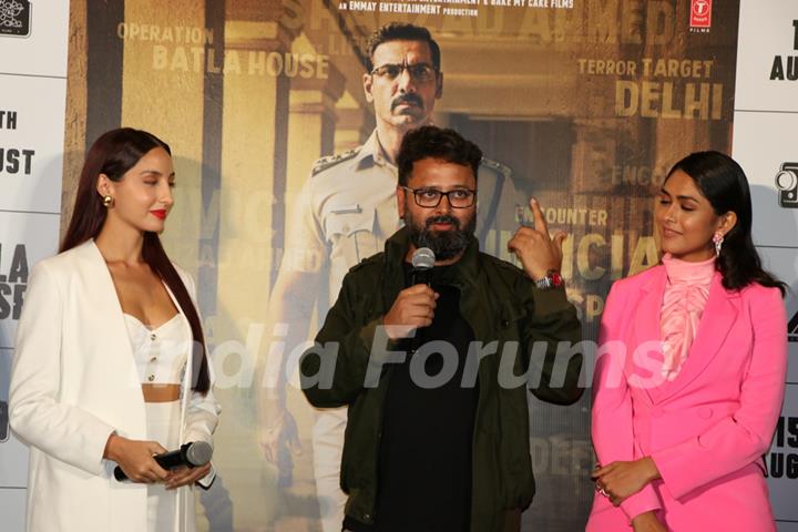 Mrunal Thakur, Nora Fatehi and director Nikkhil Advani were snapped at the trailer launch of Batla House