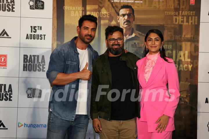 Mrunal Thakur, John Abraham, and director Nikkhil Advani were snapped at the trailer launch of Batla House