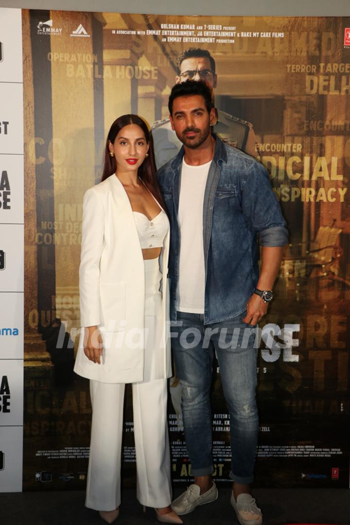 John Abraham and Nora Fatehi were snapped at the trailer launch of Batla House