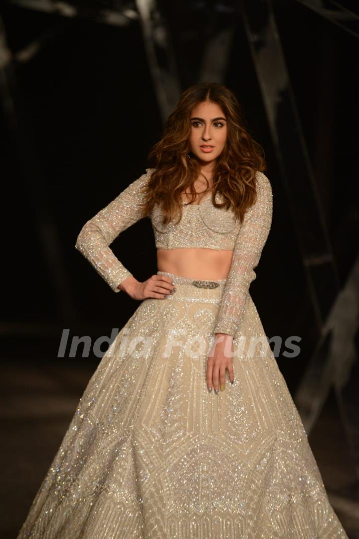 Sara Ali Khan snapped while walking the ramp for Shane and Falguni at India couture week show