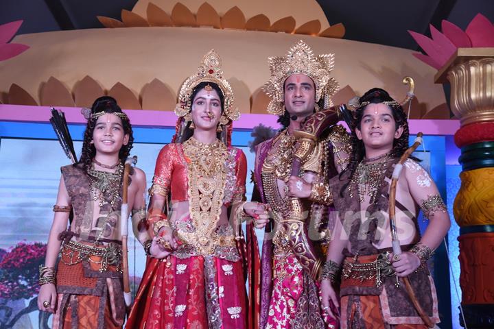 Harshit Kabra as Luv, Himanshu Soni as Lord Ram, Shivya Pathania as Sita and Krish Chauhan as Kush at the launch of COLORS' Ram Siya Ke Luv Kush at Guptar Ghat in Ayodhya