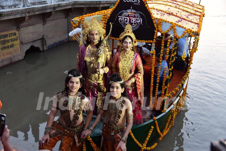 Himanshu Soni as Lord Ram, Shivya Pathania as Sita, Krish Chauhan as Kush and Harshit Kabra as Luv at the launch of COLORS' Ram Siya Ke Luv Kush at Guptar Ghat in Ayodhya