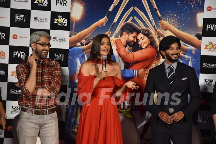 Sonam Kapoor, Abhishek Sharma and Dulquer Salmaan papped during The Zoya Factor trailer launch