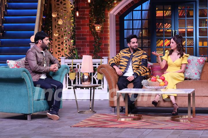 Ayushaman Khurrana and Nusrat Bharucha with Kapil Sharma on the sets of The Kapil Sharma Show