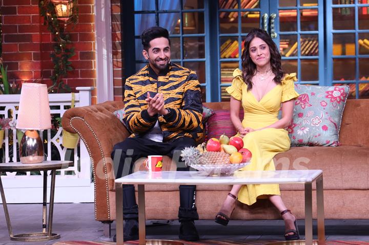 Ayushaman Khurrana and Nusrat Bharucha  on the sets of The Kapil Sharma Show