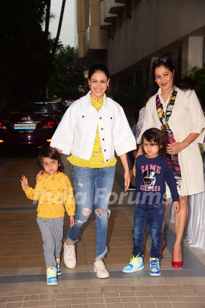 Genelia Deshmukh accompanies her sons Riaan and Rahyl at Sachiin Joshi and Urvashi Sharma's son Sivansh's birthday