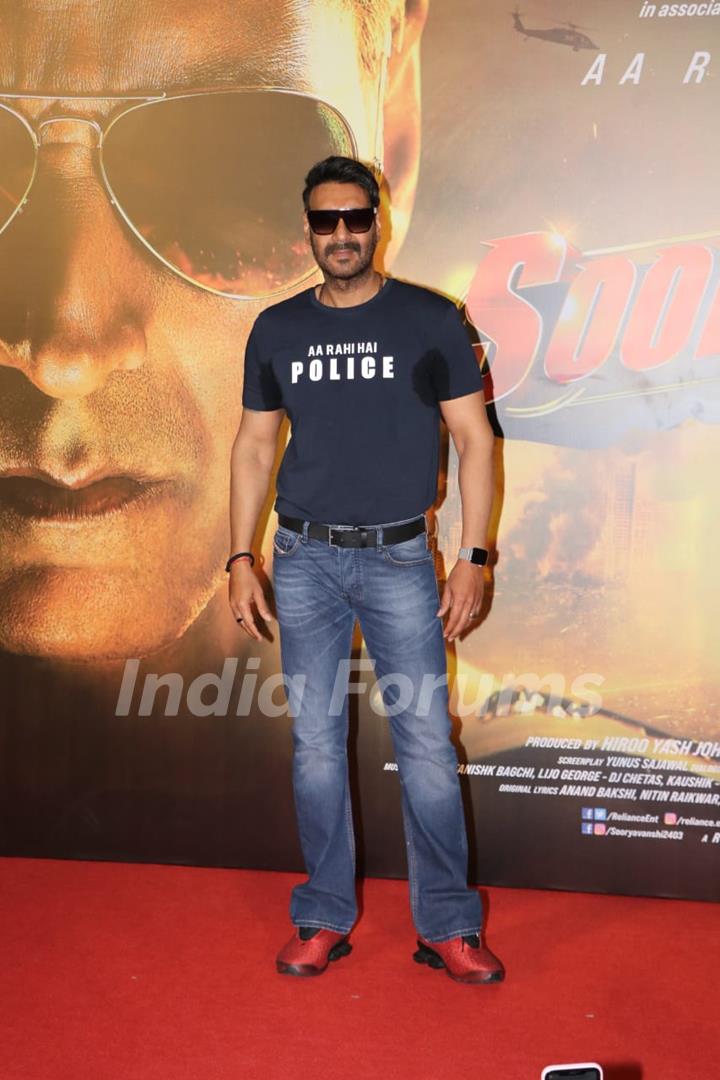 Ajay Devgn poses at the trailer launch of Sooryavanshi!