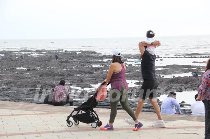 Angad Bedi and Neha Dhupia snapped walking with kids at Bandstand!