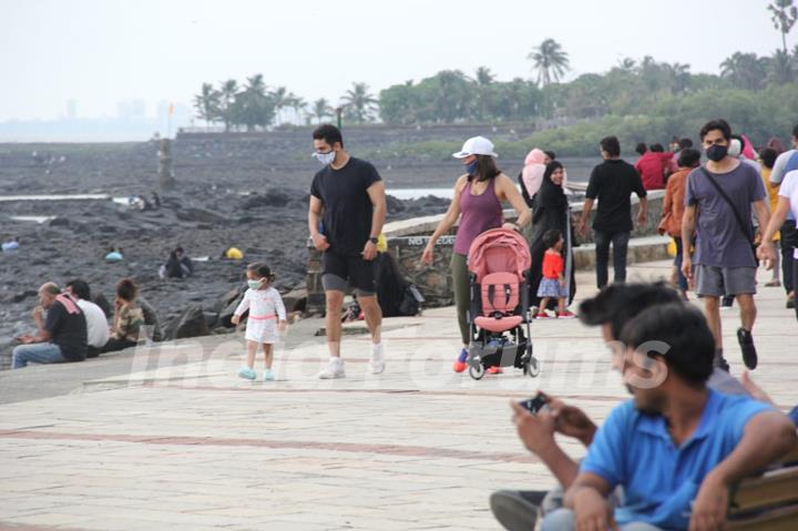 Angad Bedi and Neha Dhupia snapped walking with kids at Bandstand!