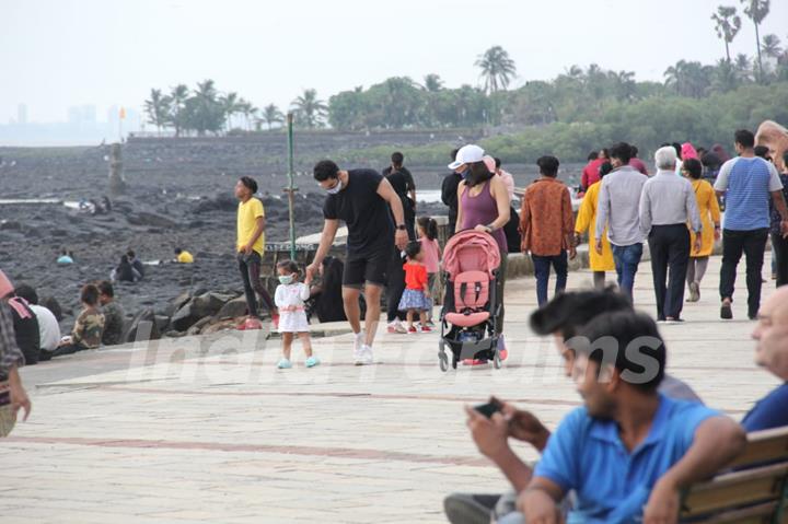 Angad Bedi and Neha Dhupia snapped walking with kids at Bandstand!