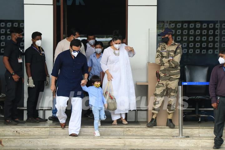 Saif Ali Khan, Taimur Ali Khan and Kareena Kapoor Khan at private airport in Kalina 