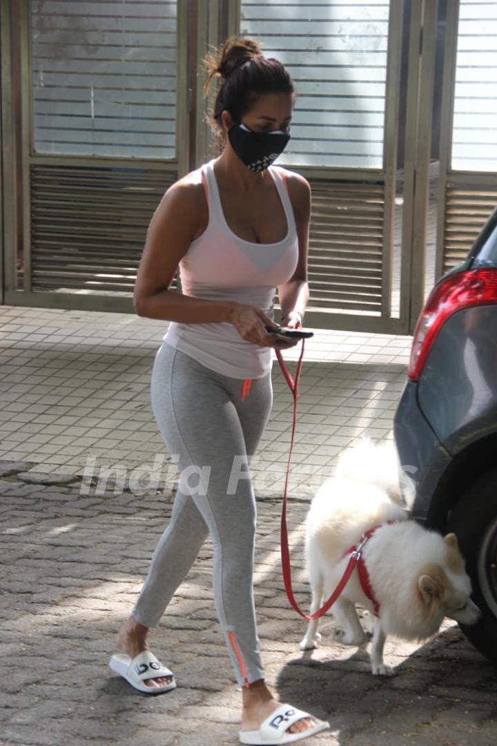 Malaika Arora steps out for a walk with her pet in Bandra