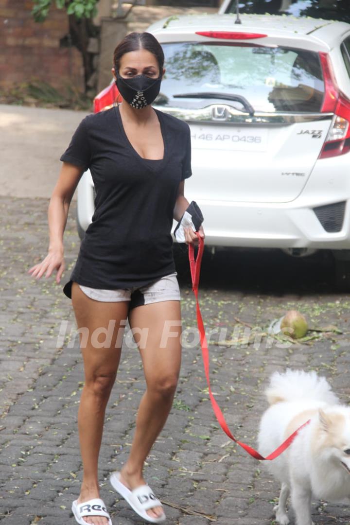 Malaika Arora steps out for a walk with her pet in Bandra