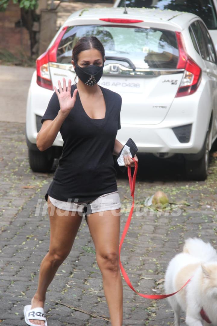 Malaika Arora steps out for a walk with her pet in Bandra