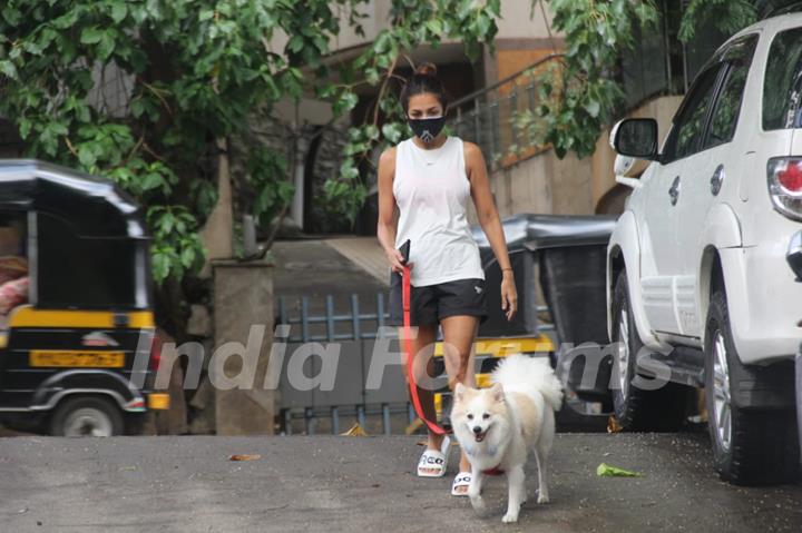 Malaika Arora snapped walking her pet in Bandra