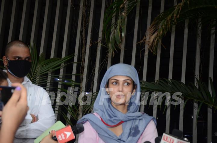 Nisha Rawal snapped addressing a press conference 