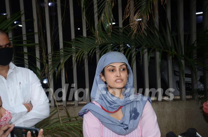 Nisha Rawal snapped addressing a press conference 