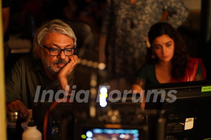 Sanjay Leela Bhansali inspecting a shot with Alia Bhatt on Gangubai Kathiawadi set