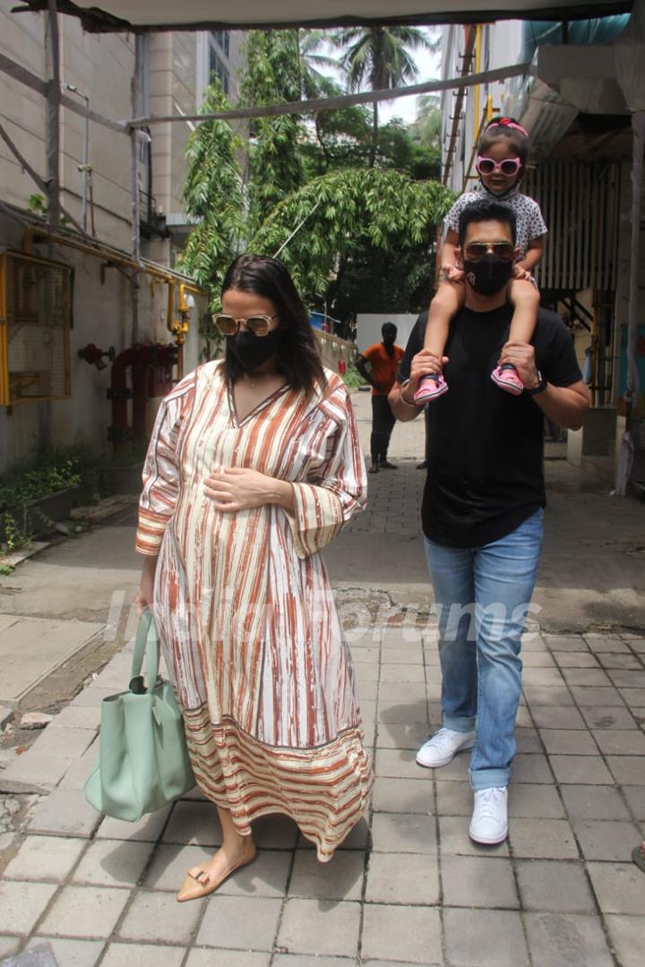 Neha Dhupia snapped with husband Angad Bedi and their daughter