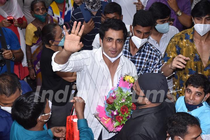 Sonu Sood greets his fans as they gather to celebrate his birthday